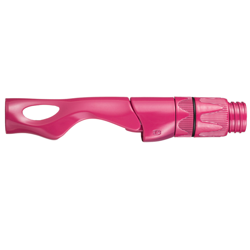Spinning reel seat in pink, oval grip window and ribbed hood with threaded end