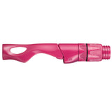 Spinning reel seat in pink, oval grip window and ribbed hood with threaded end