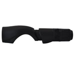 Black spinning reel seat with ribbed nut and curved foregrip