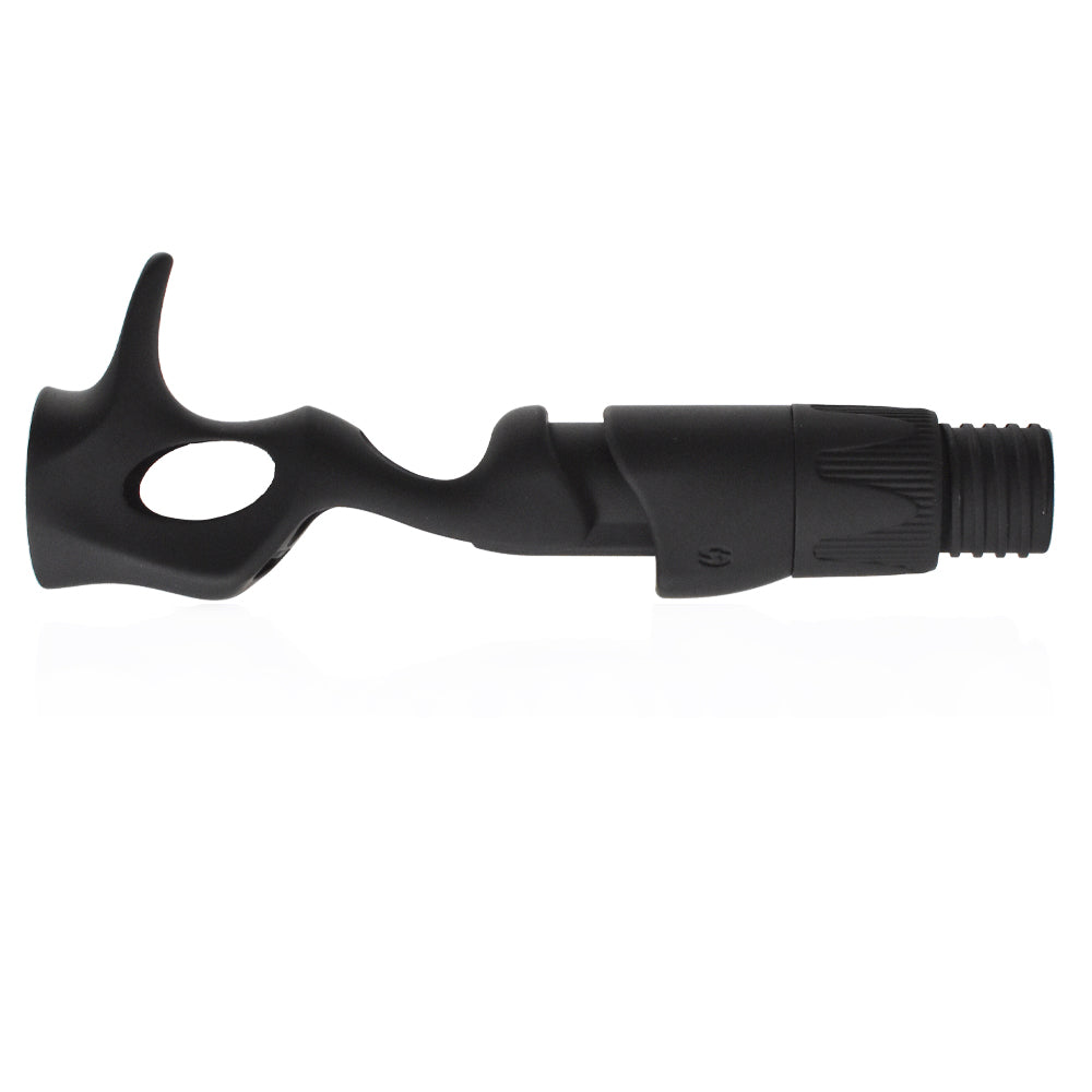 Black casting reel seat with textured grip, ridged locking nut, and threaded end