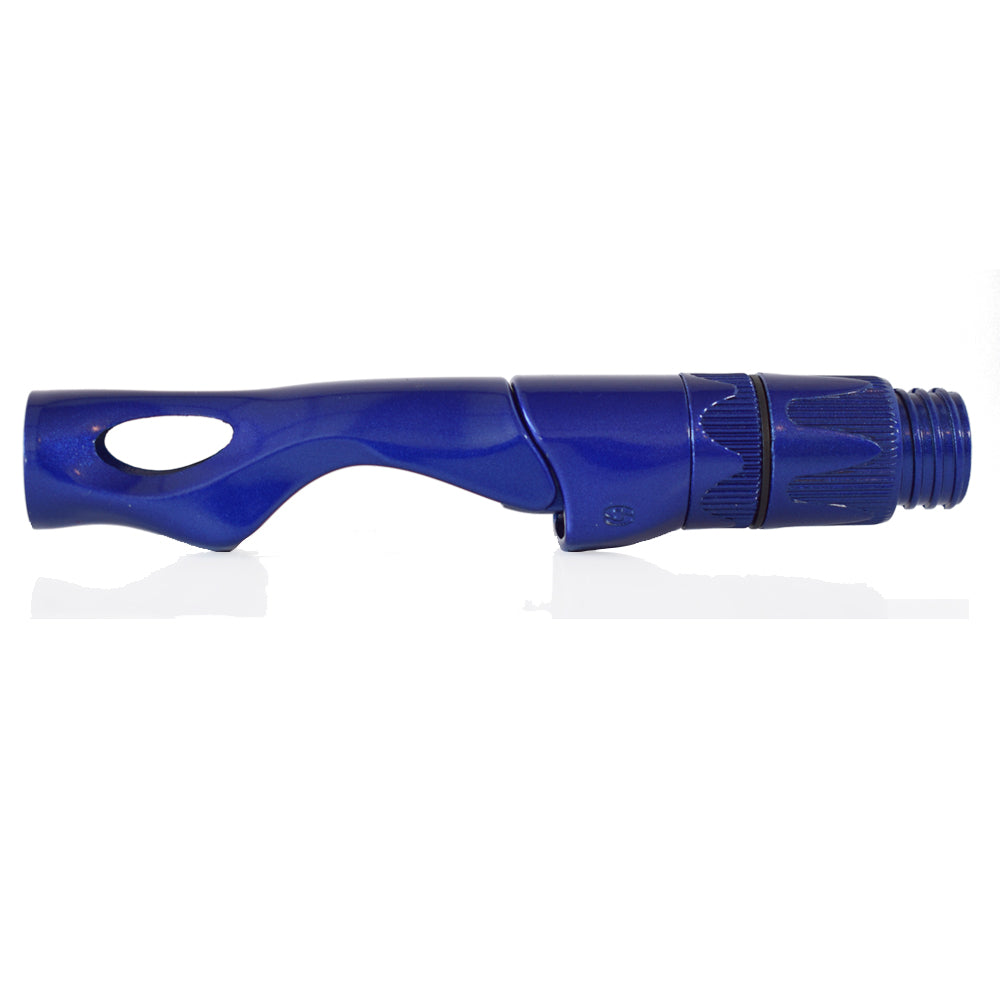 Spinning reel seat in dark blue, oval grip window and ribbed hood with threaded end