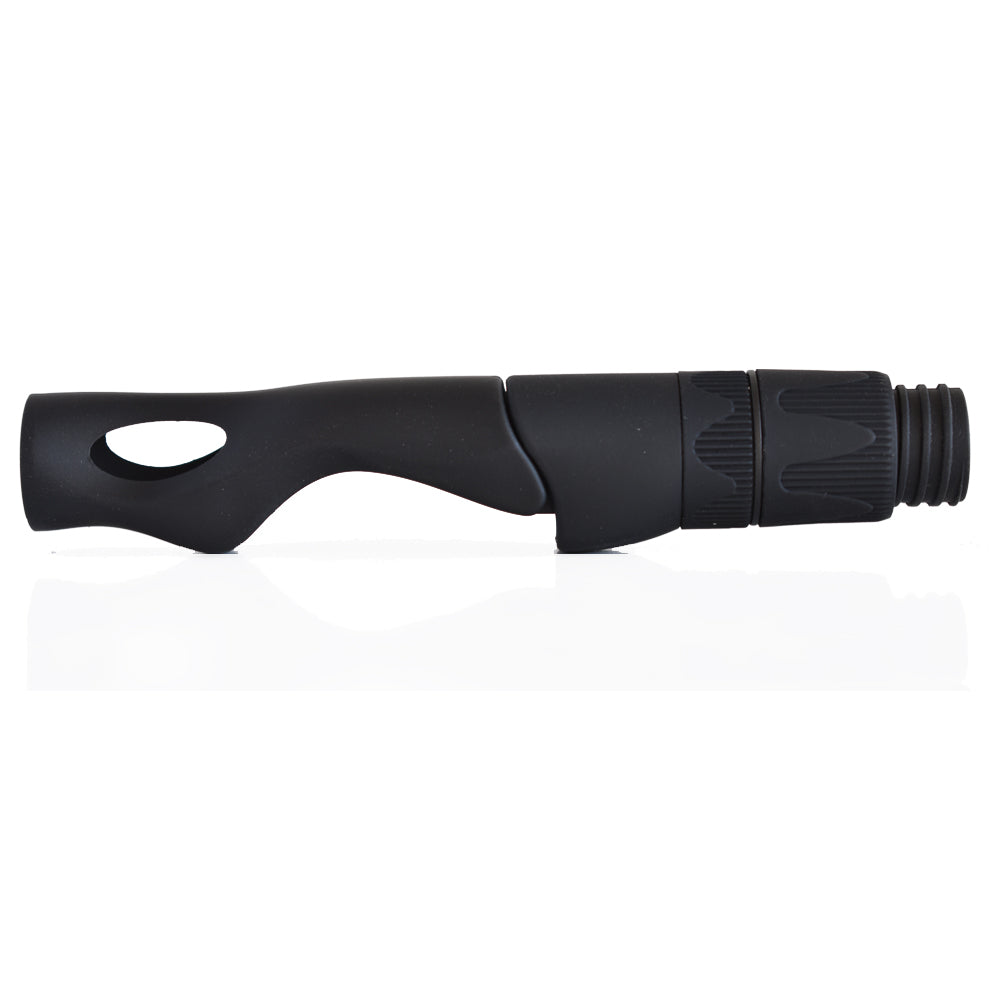Spinning reel seat in black, oval grip window and ribbed hood with threaded end