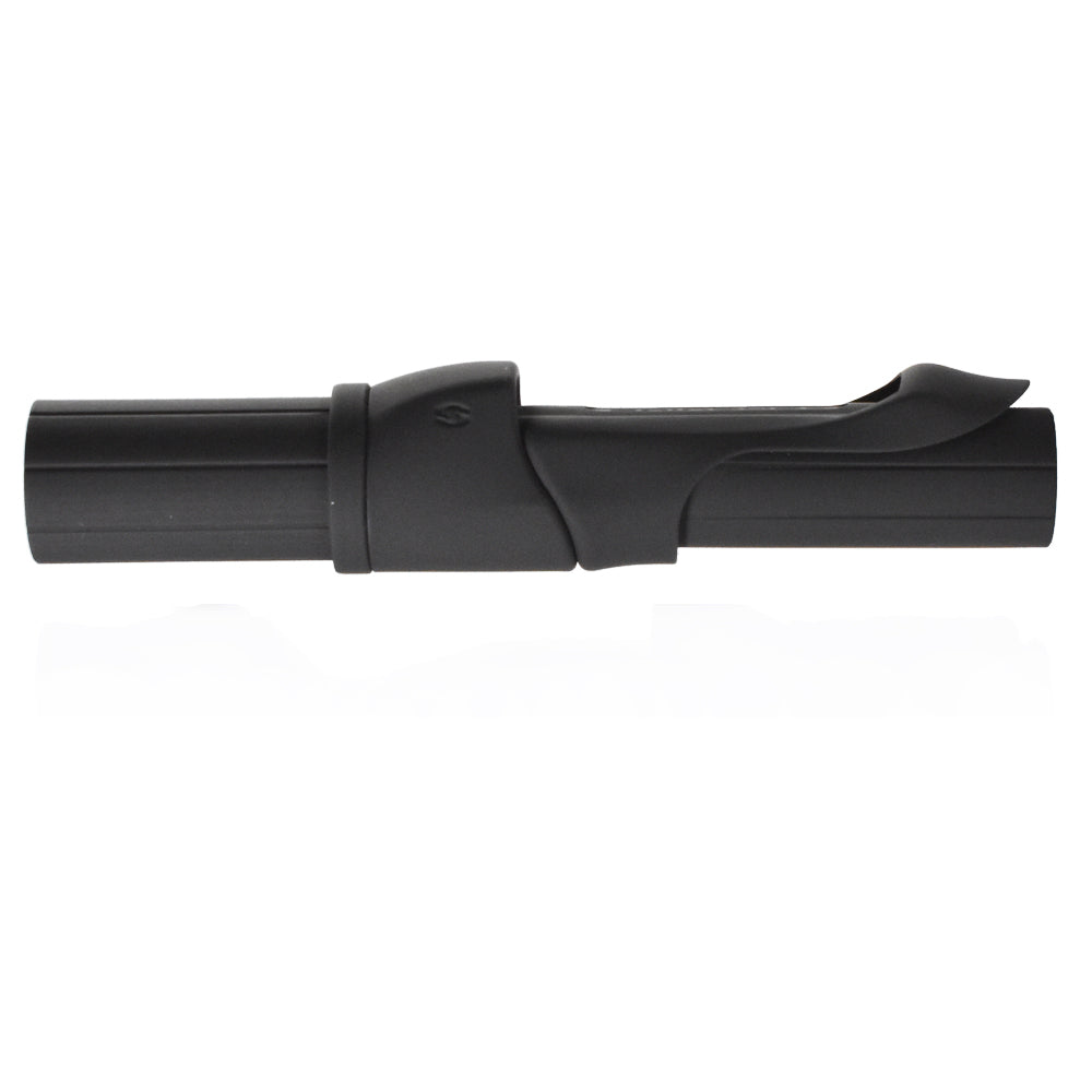Black spinning reel seat with long grip, central ring, and curved hood