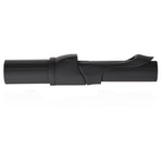 Black spinning reel seat with long grip, central ring, and curved hood