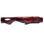 Spinning reel seat in red cracked pattern, with oval grip window and threaded hood