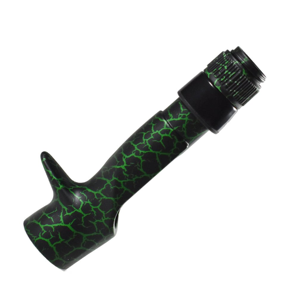 Casting reel seat hood with green crackle pattern and threaded black nut