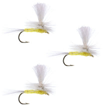 Set of pale dun dry flies with yellow bodies, tan hackle, and black hooks