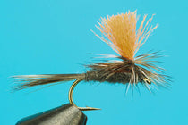 Hi-vis mayfly dry fly with golden wing and olive-brown body, bronze hook.