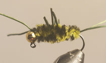 Tungsten bead stonefly nymph fly with olive and yellow fuzzy body, green legs