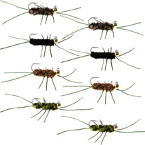 Euro nymph fly assortment with bead heads, dark fuzzy bodies, and rubber legs