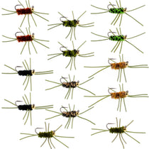 Assorted jigged nymph wet flies with rubber legs, multiple colors, hook size 10