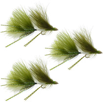 Set of three olive-and-white feather streamer hook lures