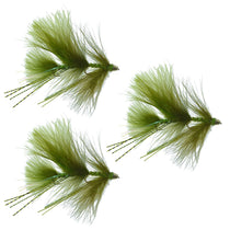 Olive green articulated streamer fishing fly set, three large feathery flies