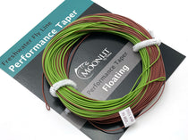 Green and brown floating fly line looped on a black card with white end wraps