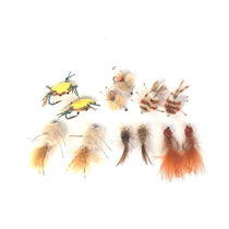 Assorted fishing flies, 12-piece set with yellow and feathered brown/orange bodies