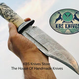 Hand Engraved Hunting Bowie Knife - Custom Handcrafted Damascus Steel Blade, Hand Engraved Bone Handle, Damascus Guard, 12" Overall Length | Leather Sheath | Personalized Engraving Available | KBS Knives