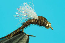 Beadhead emerger fishing fly with tan/cream fibers and dark brown wing