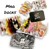 Fly fishing lure cards with colorful feather flies and black logo dock backing