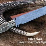 Pig Sticker Big Bowie Knife with Custom Handcrafted Full Tang Damascus Steel Blade & Sheep Horn Handle - 17 Inches