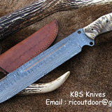 Pig Sticker Big Bowie Knife with Custom Handcrafted Full Tang Damascus Steel Blade & Sheep Horn Handle - 17 Inches