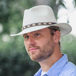White Panama hat on model, patterned band and wide brim