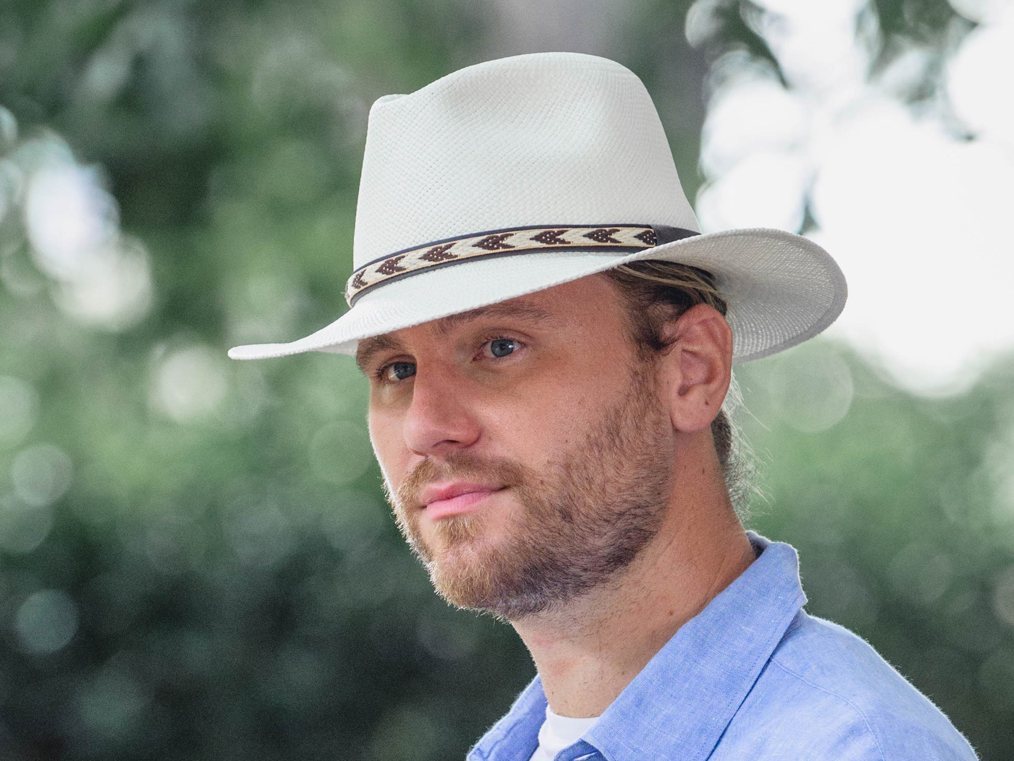 White Panama hat on model, patterned band and wide brim
