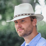 White Panama hat on model, patterned band and wide brim