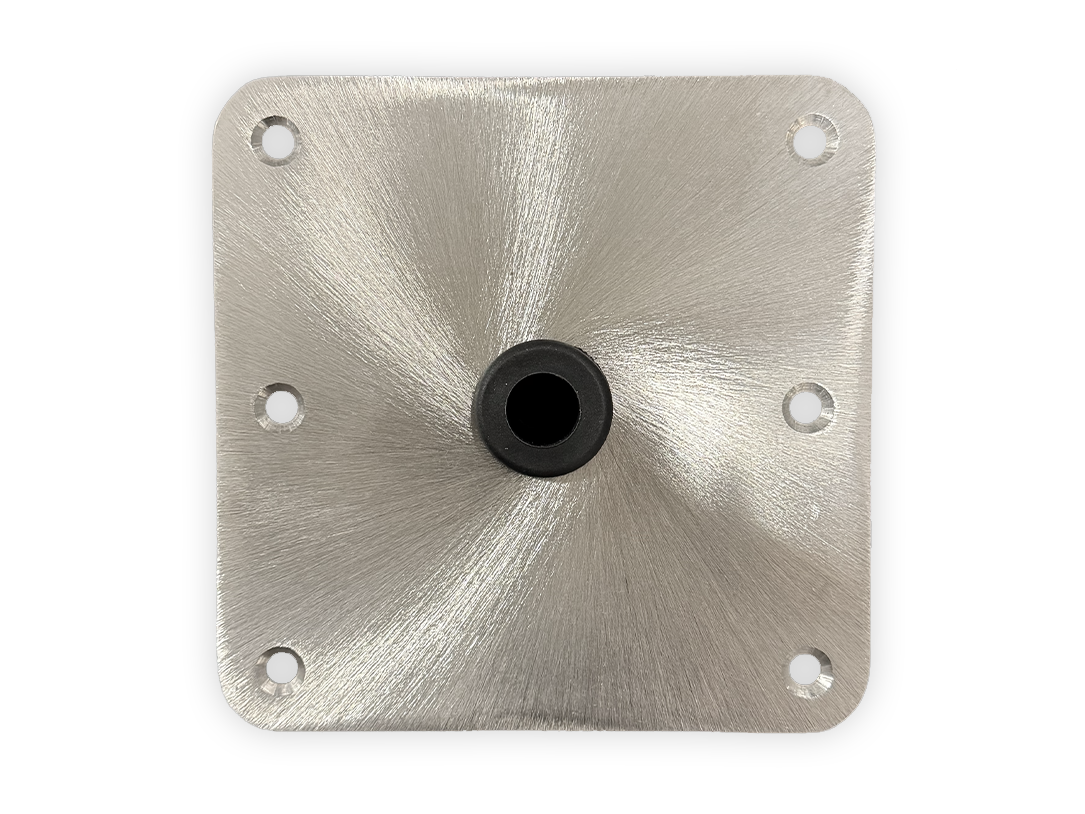 Leg brace plate: brushed metal square with four corner holes and center black bushing