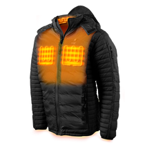 Men's heated puffer jacket with glowing heating panel display on the front.
