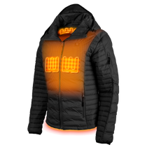 Women's heated puffer jacket, black with orange LED heat display on chest