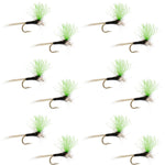 Green post spinner fishing fly with black hook and bright green bristles, 1 fly