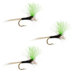 Green high-visibility spinner post hook lure with feather tail and gold hook