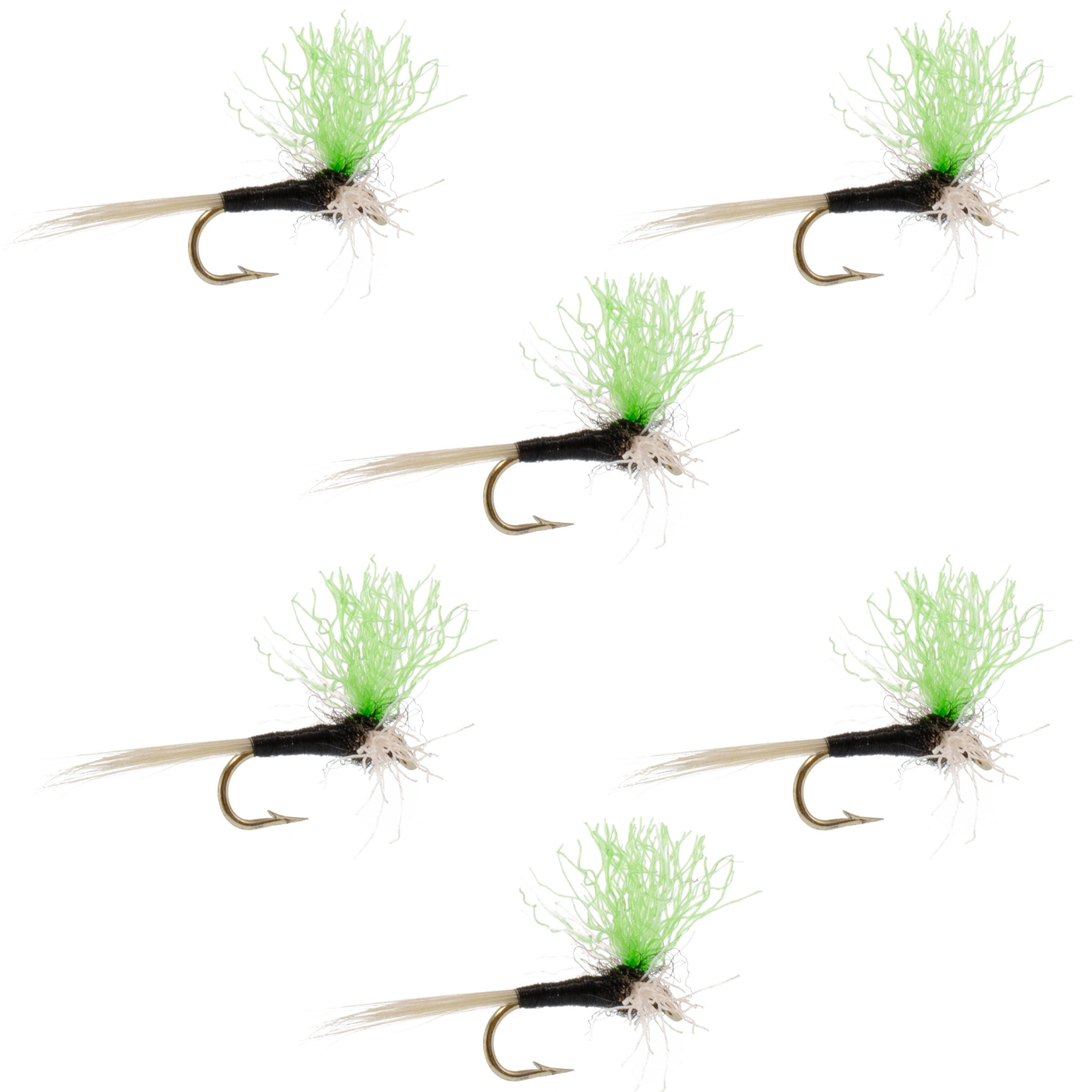 Green high-visibility spinner fly with post, barbed hook, and size 20 hook