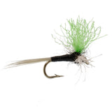 Close-up green post spinner fishing fly with black hook and neon green bristles