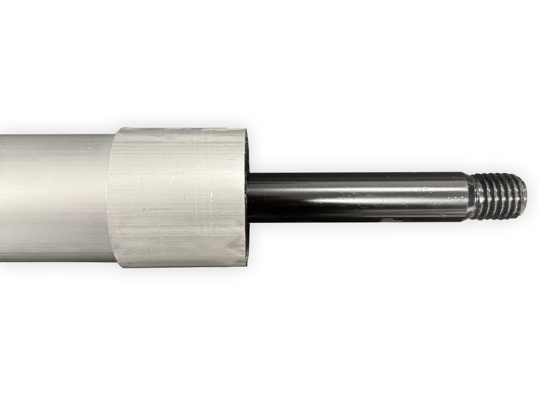 Leg brace post end: silver bar with white sleeve and threaded connector