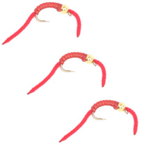 Red soft worm bait with gold bead head hook, V-rib style, hook size 10