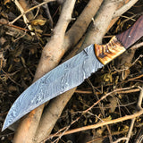 Custom Handcrafted Damascus Steel Hunting Bowie Knife with Rosewood & Sheep Horn Handle – 13-Inch Blade for Sale by KBS Knives