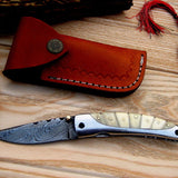 Everyday Carry Damascus Steel Pocket Knife - Bone and Steel Elegance