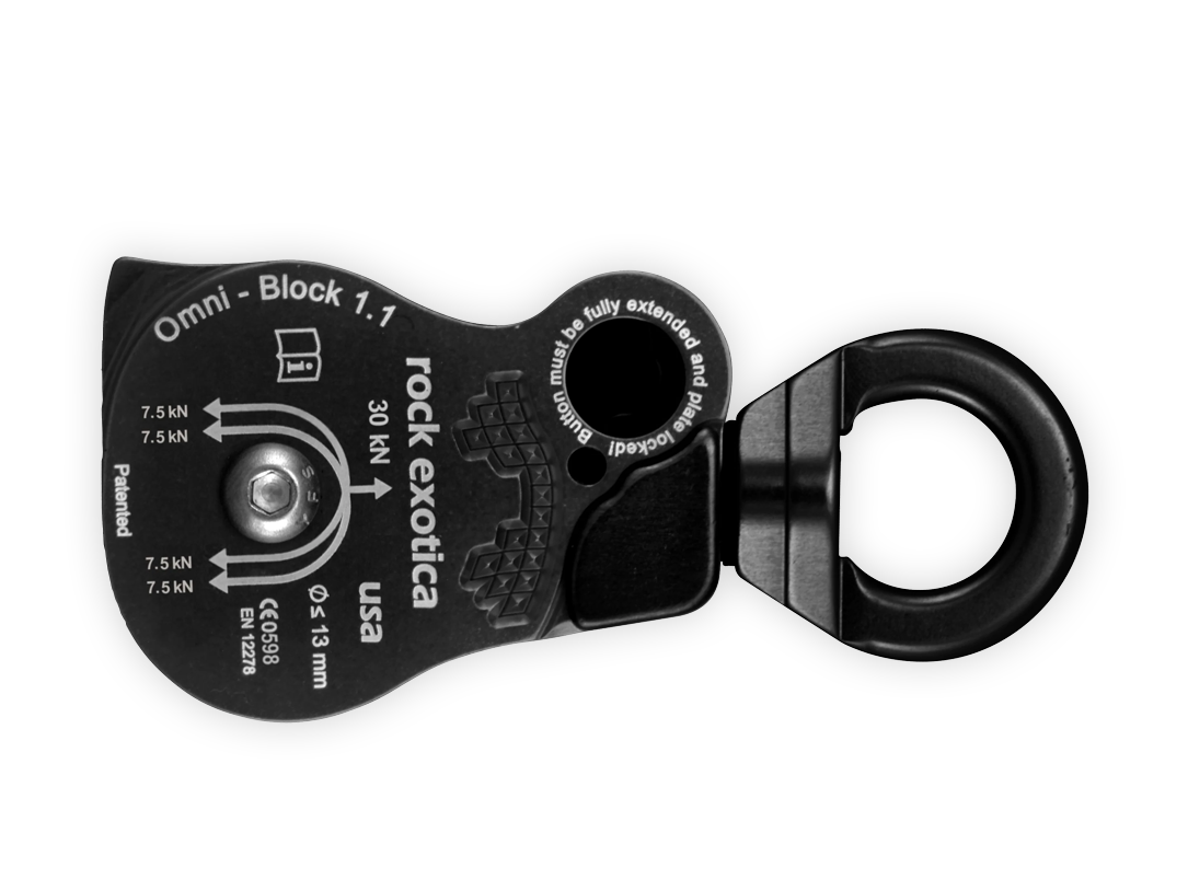 Rock Exotica swivel pulley, black steel with central bolt and swivel eye