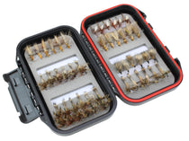 Open two-compartment fly box with assorted dry flies in mixed brown, olive, and yellow colors