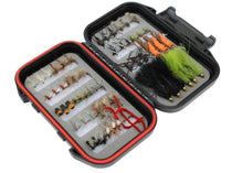 Open Wild Water fly box showing mixed-color flies in foam-lined compartments