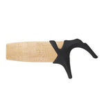 Cork rear grip with black rubber end cap and three-prong trigger for fishing rod