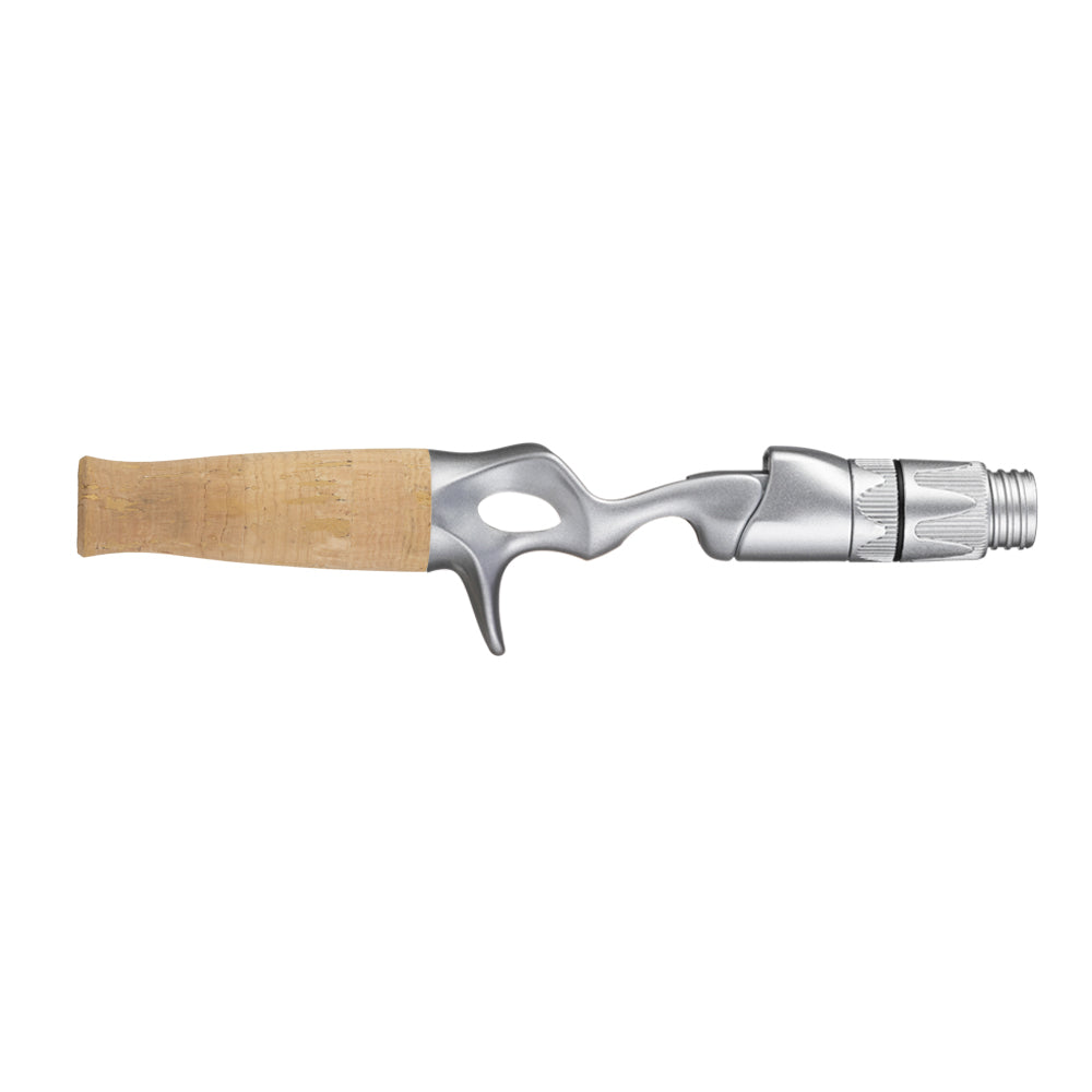 Cork rear rod grip with silver metal reel seat end, light tan handle