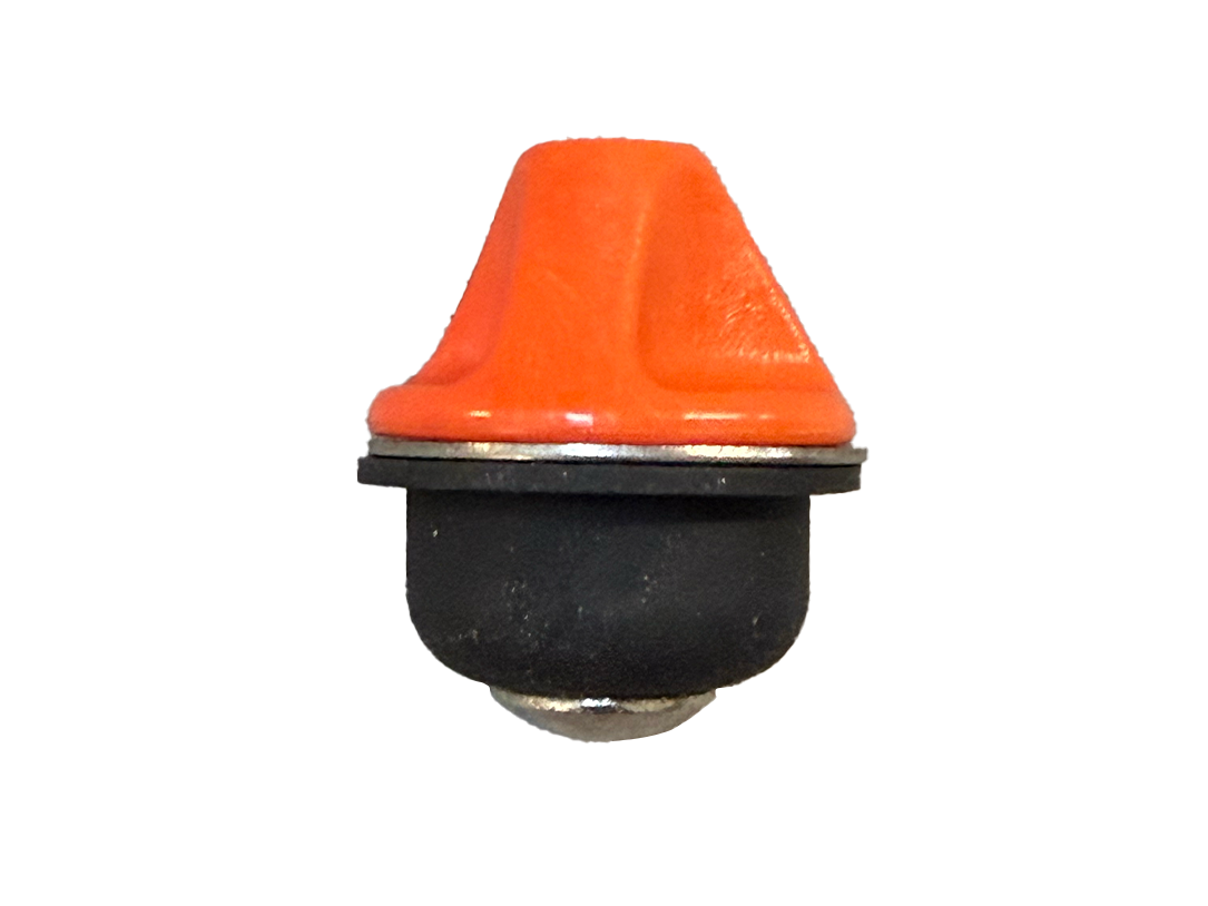 Orange no-snag drain plug with black base, single piece close-up.
