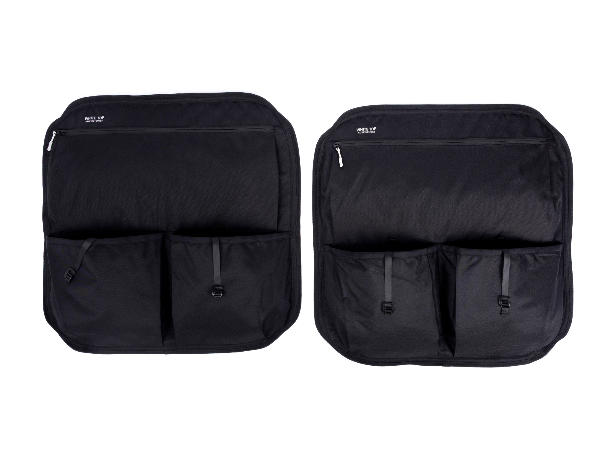 Pair of black rear door storage panels with zippered pockets