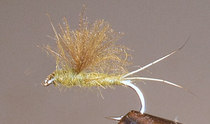 Olive-tan fishing fly emerger with tufted fibers and curved hook