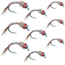 Rainbow midge fly assortment with silver bead heads, multicolor yarn bodies, barbed hooks