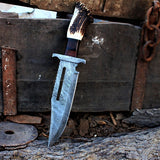 Rambo Knife for Sale - Custom Handmade Damascus Bowie with Rose Wood & Antler Horn