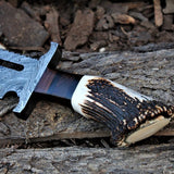 Rambo Knife for Sale - Custom Handmade Damascus Bowie with Rose Wood & Antler Horn