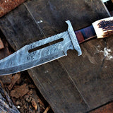 Rambo Knife for Sale - Custom Handmade Damascus Bowie with Rose Wood & Antler Horn